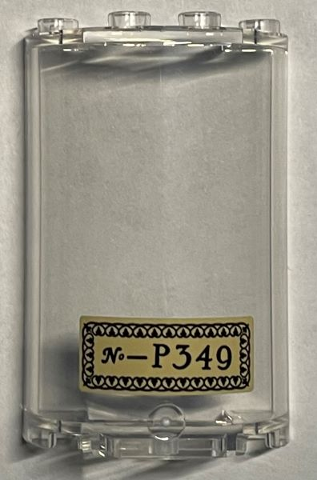 Lego Cylinder Half 2 x 4 x 5 with 1 x 2 Cutout with Black 'No-P349' Pattern (Sticker) - Set 76391 / Trans-Clear