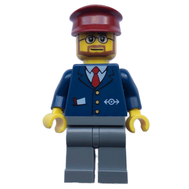 Lego Conductor - Dark Blue Jacket, Dark Bluish Grey Legs, Dark Red Hat