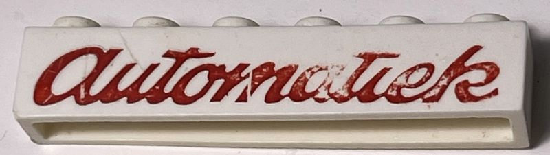 Lego Brick 1 x 6 without Bottom Tubes with Cross Side Supports with Red 'Automatiek' Script Pattern / White