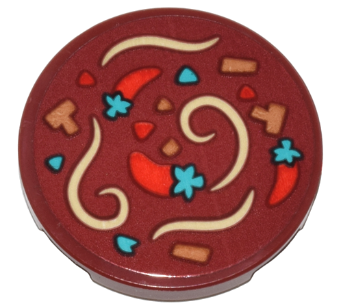 Lego Tile, Round 3 x 3 with Hot Pot Soup with Tan Noodles, Red Peppers, and Medium Nougat and Dark Turquoise Ingredients Pattern (Sticker) - Set 80036