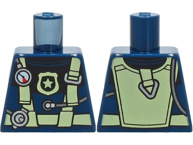 Lego Torso Diving Suit with Bright Light Yellow Harness and Police Badge and Silver Gauge and Regulator Pattern / Dark Blue