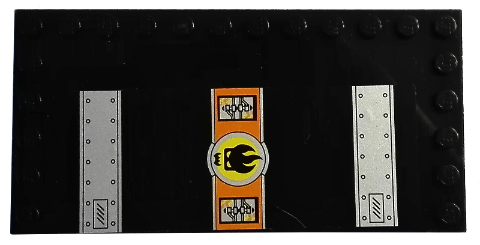 Lego Tile, Modified 6 x 12 with Studs on Edges with Dr. Inferno Logo and Door Hinges Pattern Model Left Side (Stickers) - Set 8637 / Black
