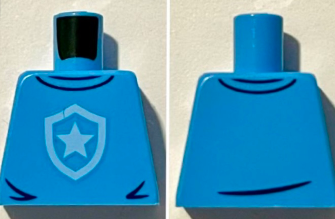 Lego Torso Police Shirt with Bright Light Blue Star Badge Logo, Dark Blue Collar and Wrinkles Pattern / Medium Blue