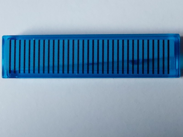 Lego Tile 1 x 4 with Black Horizontal Lines and Wide Medium Blue Wedge Pattern Model Left Side (Sticker) - Set 40519 / Trans-Dark Blue