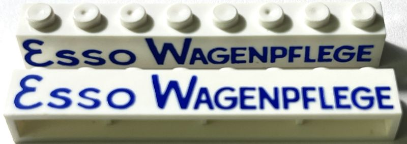 Lego Brick 1 x 8 without Bottom Tubes with Cross Side Supports with Blue 'Esso Wagenpflege' Thin with Round 'O' and Elaborate 'G' Pattern