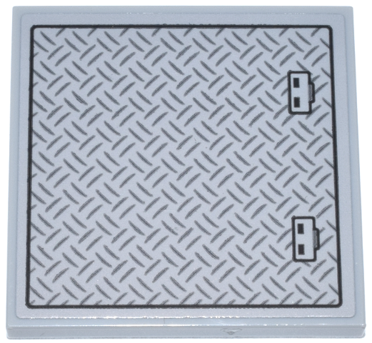 Lego Tile 4 x 4 with Hatch Panel with Black Outline, Handles and Dark Bluish Gray Tread Plate Pattern (Sticker) - Set 42146 / Light Bluish Gray