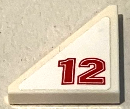 Lego Tile, Modified 2 x 2 Triangular with Red '12' Pattern Model Left Side (Sticker) - Set 75889 / White
