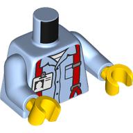 Lego Torso, Shirt, Red Suspenders, White ID Badge print, Bright Light Blue Arms, Yellow Hands
