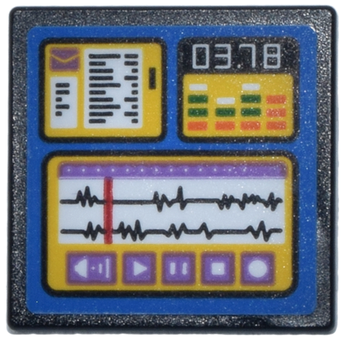 Lego Road Sign 2 x 2 Square with Open O Clip with Computer Screen with Yellow Windows, Medium Lavender Buttons and White '03.78' Pattern (Sticker) - Set 42653