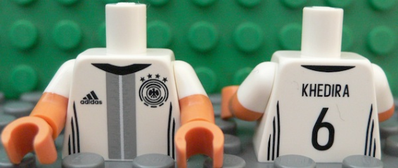 Lego Torso Soccer Shirt with Adidas Logo, 4 Stars and Eagle Front, 'KHEDIRA 6' Back Pattern / Nougat Arms with Molded White Short Sleeves Pattern / Nougat Hands
