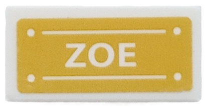 Lego Tile 1 x 2 with 'ZOE' on Bright Light Orange Background Pattern (Sticker) - Set 41691 / White