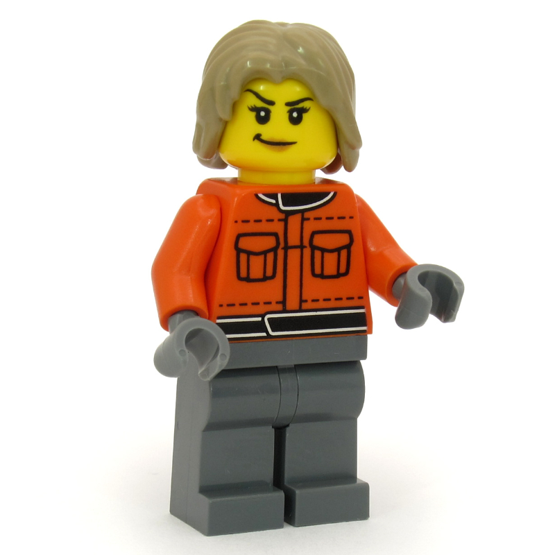Lego Pit Crew, Reddish Orange Jacket, Dark Bluish Gray Legs, Dark Tan Hair