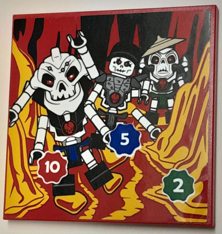 Lego Tile 6 x 6 with Bottom Tubes, Textured Surface with NINJAGO Samukai, Chopov and Wyplash Minifigures in Lava, White Number 2, 5 and 10 in Green, Blue and Red Starburst Pattern (Sticker) - Set 40429