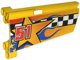 Lego Technic, Panel Fairing #20 Large Long, Small Hole, Side A with Checkered Flag, Stars, Blue Flames and '51' Pattern (Sticker) - Set 8651