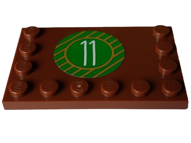 Lego Tile, Modified 4 x 6 with Studs on Edges with White Number 11 and Gold Stripes on Green Circle Pattern (Sticker) - Set 4002023