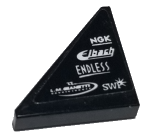 Lego Tile, Modified 2 x 2 Triangular with White 'NGK', 'Elbach', 'ENDLESS', 'L.M. GRANETTI', and 'SWP' Pattern Model Left Side (Sticker) - Set 75885 / Black