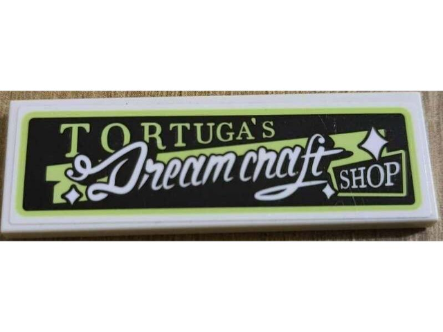 Lego Tile 2 x 6 with Yellowish Green 'TORTUGA'S Dream craft SHOP' on Black Background Pattern (Sticker) - Set 71456 / White