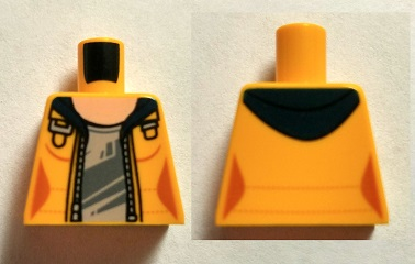 Lego Torso Female Jacket Open with Dark Blue Hood over Light Bluish Gray Shirt and Light Nougat Neck Pattern / Bright Light Orange