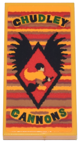 Lego Tile 2 x 4 with Red and Medium Nougat Stripes, Black Diamond and Wings, Quidditch Player and Green and Black 'CHUDLEY CANNONS' Pattern (Sticker) - Set 76437