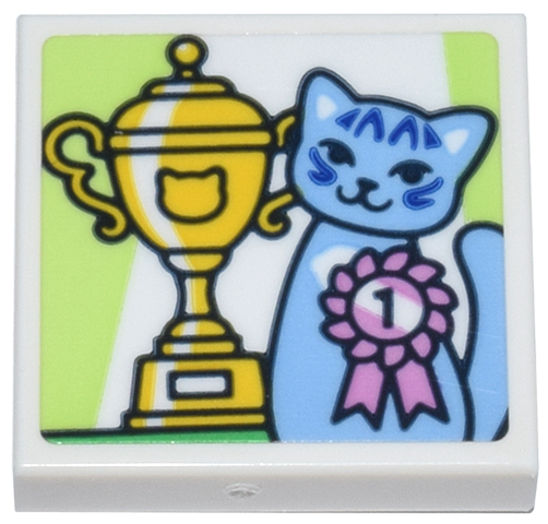 Lego Tile 2 x 2 with Photograph of Bright Light Blue Cat with Bright Pink Award Ribbon Number 1, Yellow Trophy Cup on White and Yellowish Green Background Pattern (Sticker) - Set 42670 / White