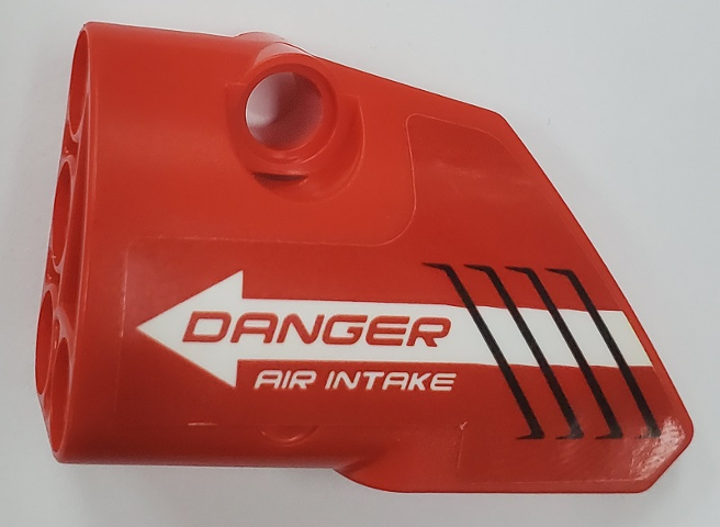 Lego Technic, Panel Fairing # 1 Small Smooth Short, Side A with 'DANGER AIR INTAKE' and White Arrow Pattern (Sticker) - Set 42076 / Red