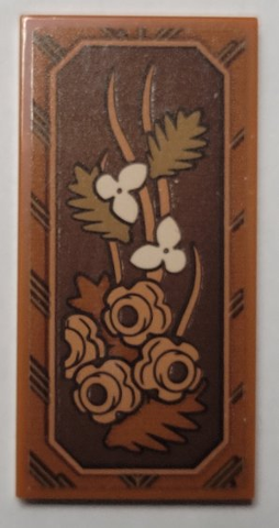 Lego Tile 2 x 4 with Wooden Panel with Dark Orange and Dark Tan Leaves, Tan and Nougat Flowers Pattern Model Right Side (Sticker) - Set 21344 / Dark Orange