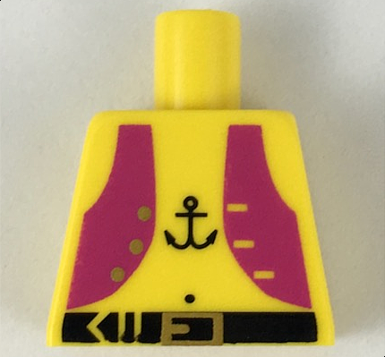Lego Torso Pirate Magenta Vest Open with Gold Buttons, Black Belt with Buckle, Anchor Tattoo, Navel Pattern / Yellow