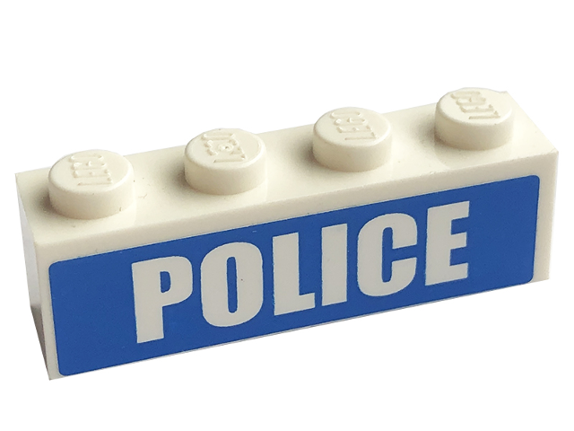 Lego Brick 1 x 4 with White 'POLICE' Bold Font on Blue Background Pattern (Sticker) - Sets 7498 / 7743