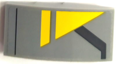Lego Slope, Curved 4 x 2 with Yellow Triangle and Angled Dark Bluish Gray Stripe Pattern Model Right Side (Sticker) - Set 75150