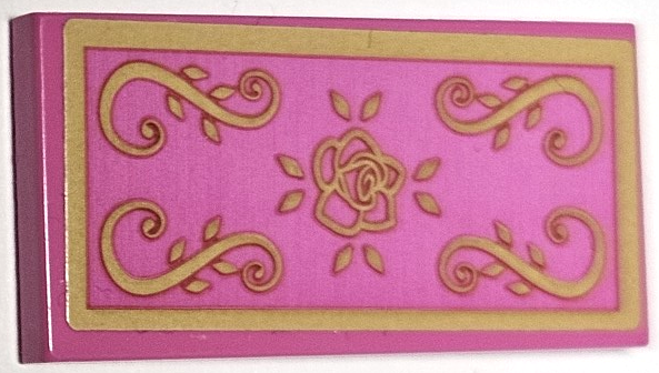 Lego Tile 2 x 4 with Rug with Gold Rose, Scrollwork and Border Pattern (Sticker) - Set 43188 / Dark Pink