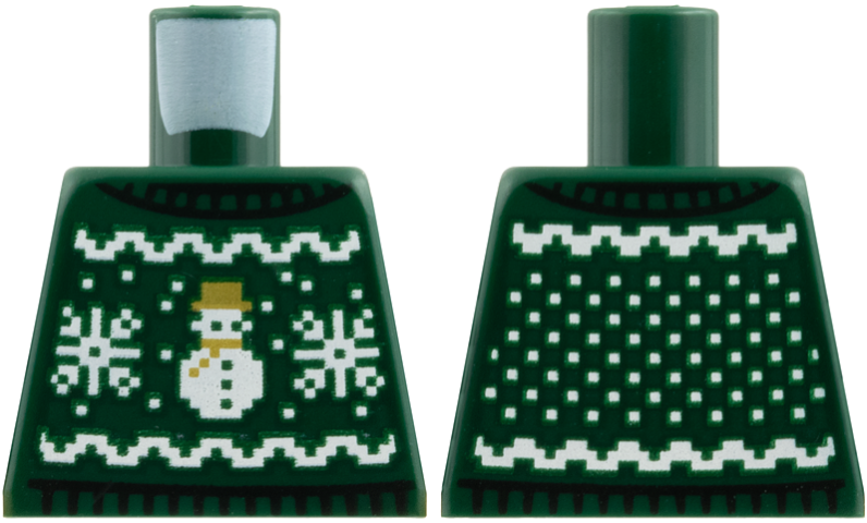 Lego Torso Knit Fair Isle Holiday Sweater with White Snowflakes and Snowman with Gold Hat and Scarf Pattern / Dark Green