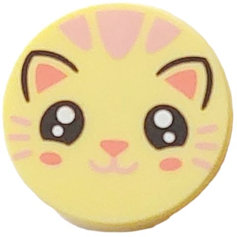 Lego Tile, Round 2 x 2 with Bottom Stud Holder with Cat Face with Black and White Eyes, Coral Cheeks, Nose and Inner Ears, Warm Pink Mouth and Whiskers Pattern / Bright Light Yellow