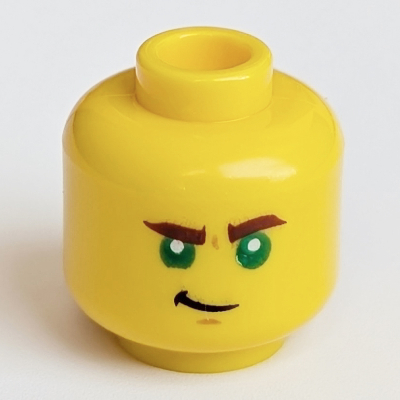 Lego Minifig Head Lloyd, Green Eyes, Reddish Brown Eyebrows, Smirk / Scared Print / Yellow