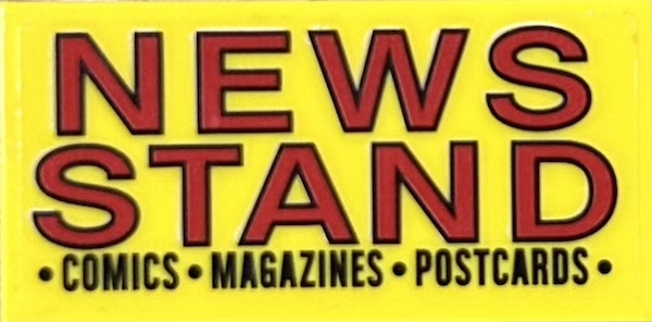 Lego Tile 2 x 4 with Red and Black 'NEWS STAND' and '·COMICS·MAGAZINES·POSTCARDS·' Pattern (Sticker) - Set 76178