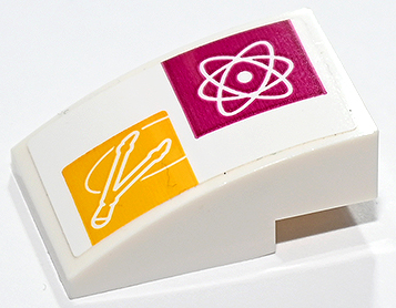Lego Slope, Curved 3 x 2 with Atom Diagram and Compass on Magenta and Yellow Squares Pattern (Sticker) - Set 41731 / White