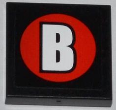 Lego Tile 2 x 2 with White Capital Letter B on Red Circle Pattern (Sticker) - Set 76005 / Black