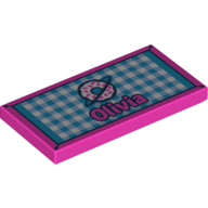 Lego Tile 2 x 4 with 'Olivia' on Medium Blue/White Checkered Back, Donut Print