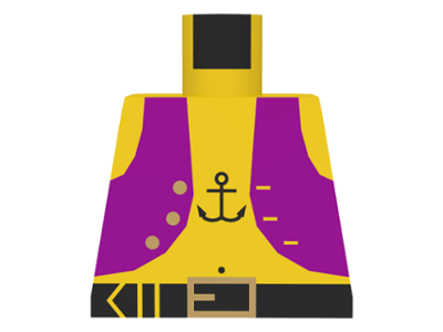 Lego Torso Pirate Dark Purple Vest Open with Gold Buttons, Black Belt with Buckle, Anchor Tattoo, Navel Pattern