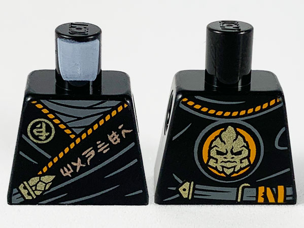 Lego Torso Tunic, Dark Bluish Gray Shirt, Orange Hem, Copper and Gold Ninjago Logogram 'MANTER' and Gorilla Pattern / Black