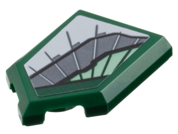 Lego Tile, Modified 2 x 3 Pentagonal with Sand Green, Dark Bluish Gray and Light Bluish Gray Wing Armor Pattern Model Right Side (Sticker) - Set 76292 / Dark Green