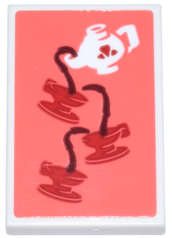Lego Tile 2 x 3 with Teapot Pouring Dark Red Tea, Red Hearts and Cups and Saucers on Coral Background Pattern (Sticker) - Set 11370 / White