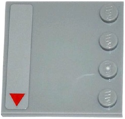 Lego Tile, Modified 4 x 4 with Studs on Edge with Small Red Triangle Pattern Model Left Side (Sticker) - Set 75082 / Light Bluish Gray