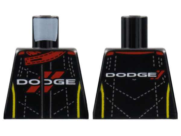 Lego Torso Red Collar and Diagonal Lines, Silver Dotted Stitching, White 'DODGE', Yellow Side Stripes Pattern / Black