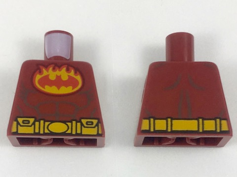 Lego Torso Batman Red Bat in Bright Light Orange Oval with Flames, Gray Muscle Lines Pattern / Dark Red