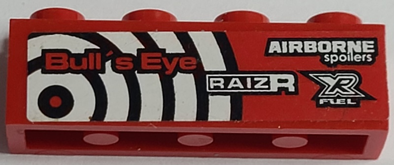 Lego Brick 1 x 4 with 'Bull's Eye', 'RAIZR', 'AIRBORNE spoilers' and 'XR FUEL' Pattern Model Right Side (Sticker) - Set 8182 / Red