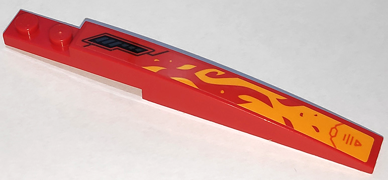 Lego Slope, Curved 10 x 1 with Bright Light Orange Flames, Triangle, Lines and Air Vent Pattern Model Left Side (Sticker) - Set 70675 / Red