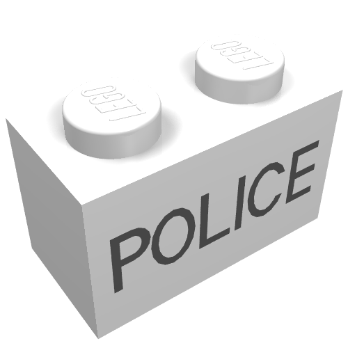 Lego Brick 1 x 2 with Thin Black 'POLICE' Print / White