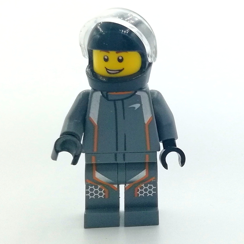Lego Race Driver, Dark Bluish Gray Torso, Dark Bluish Gray Legs, Black Helmet, McLaren