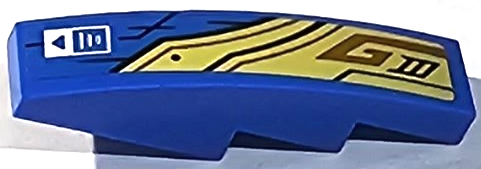 Lego Slope, Curved 4 x 1 with Gold Armor Plates with Black and Dark Orange Lines and White Rectangle with Writing and Triangle Pattern Model Left Side (Sticker) - Set 71768