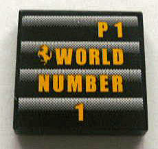 Lego Tile 2 x 2 with Ferrari Logo and 'P1 WORLD NUMBER 1' Pattern (Sticker) - Set 8672 / Black